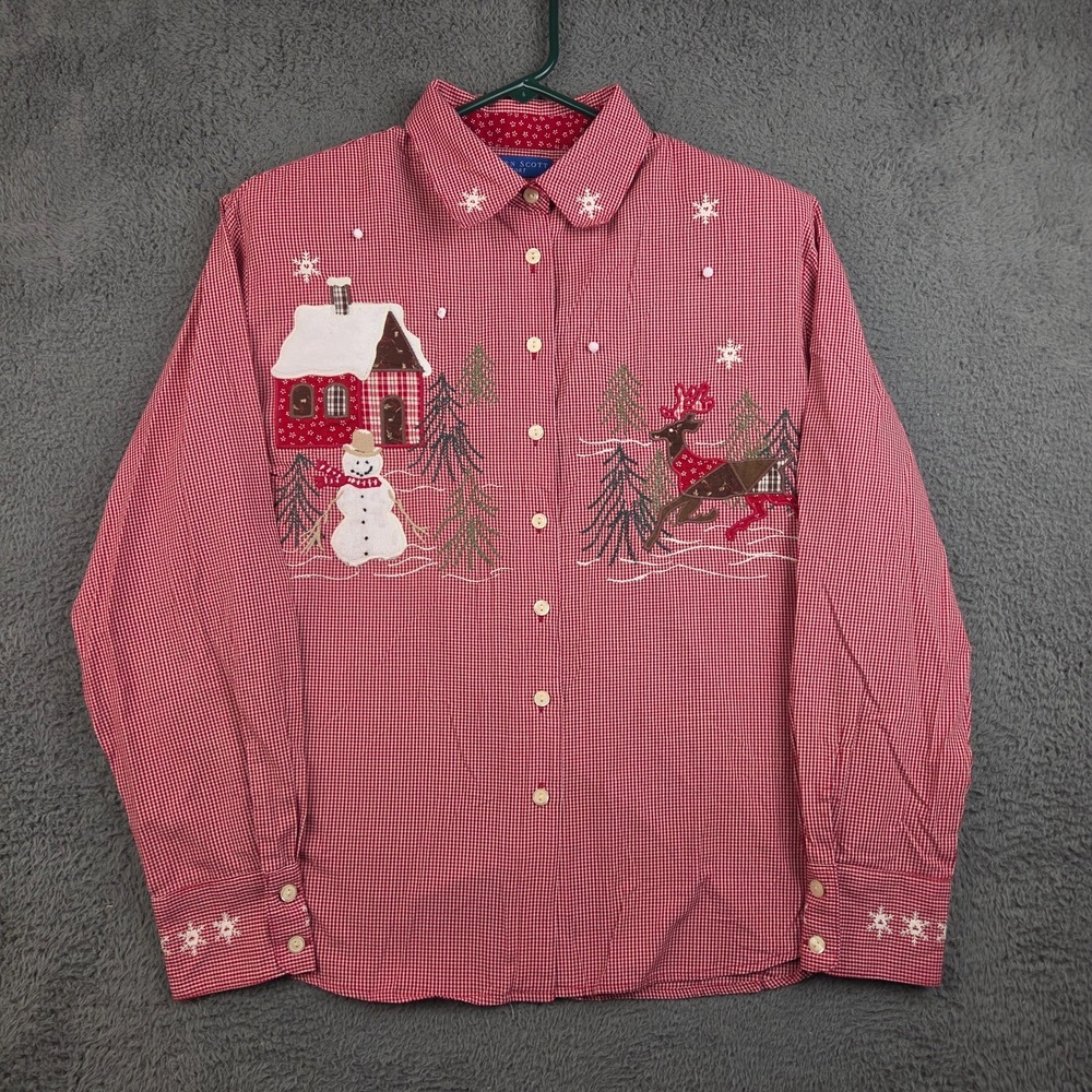 Vintage Christmas Shirt Women's Medium Karen Scott Red Embroidered Snowman